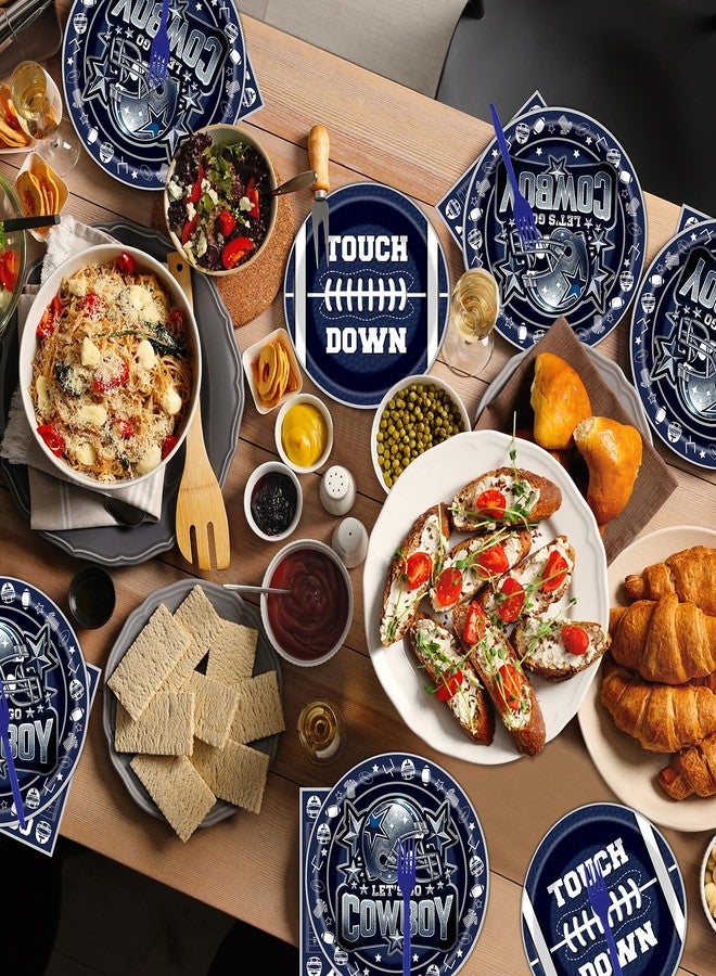 Hokinaa Cowboy Football Party Decorations - 96 Pcs Blue Cowboy American Rugby Tableware Set, Game Day Disposable Paper Plate Napkin Fork, Sports Birthday Party Supplies for Boys Men, Serves 24 Guests - Image 2