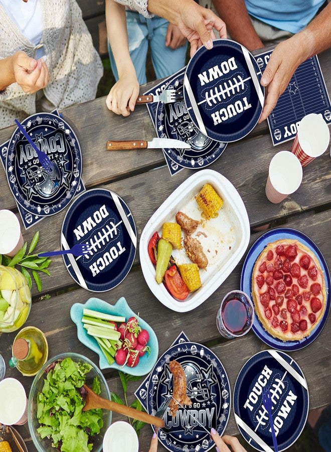 Hokinaa Cowboy Football Party Decorations - 96 Pcs Blue Cowboy American Rugby Tableware Set, Game Day Disposable Paper Plate Napkin Fork, Sports Birthday Party Supplies for Boys Men, Serves 24 Guests - Image 5