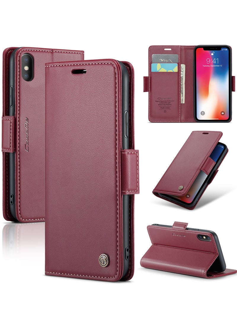 Phone Case for Apple iPhone X / iPhone Xs Anti-scratch Leather Kickstand Card Slot Money Pocket Red  - Image 1