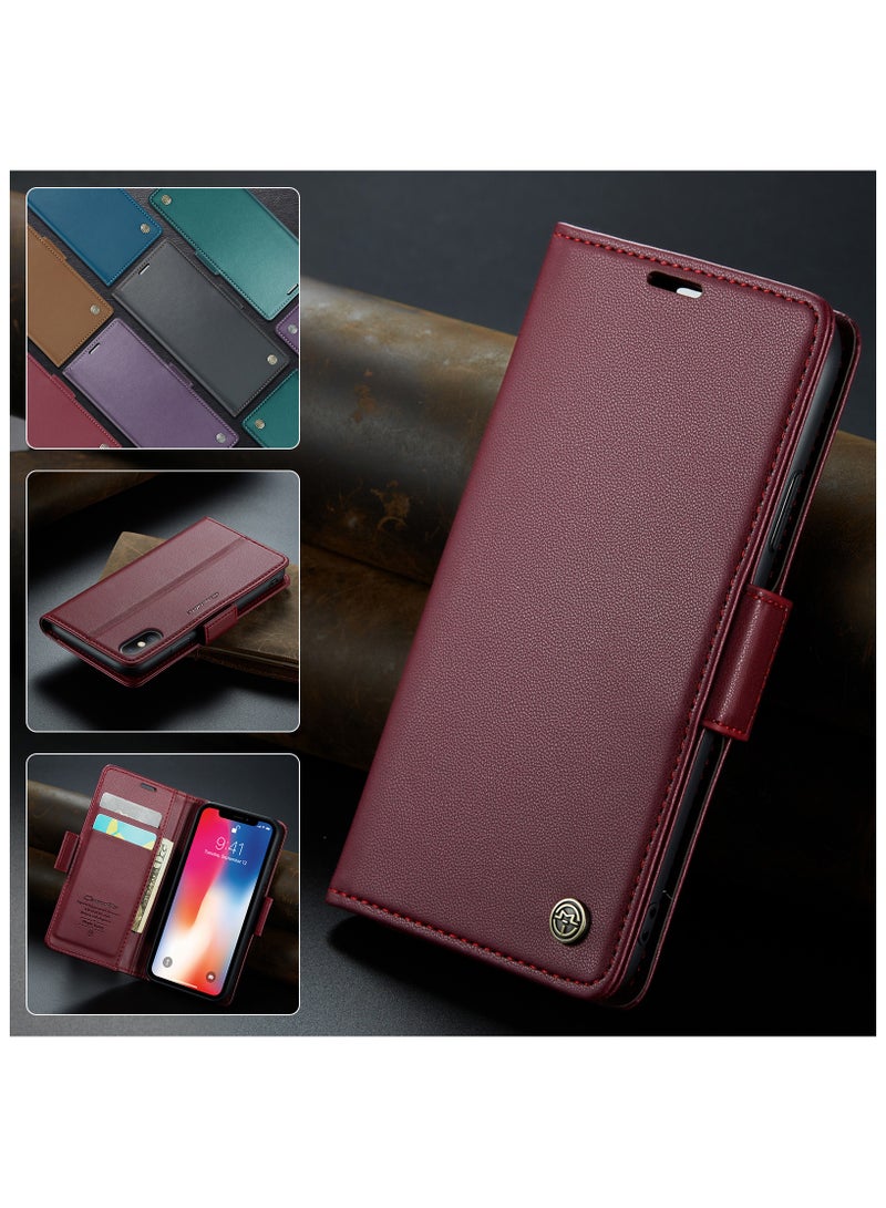 Phone Case for Apple iPhone X / iPhone Xs Anti-scratch Leather Kickstand Card Slot Money Pocket Red  - Image 4