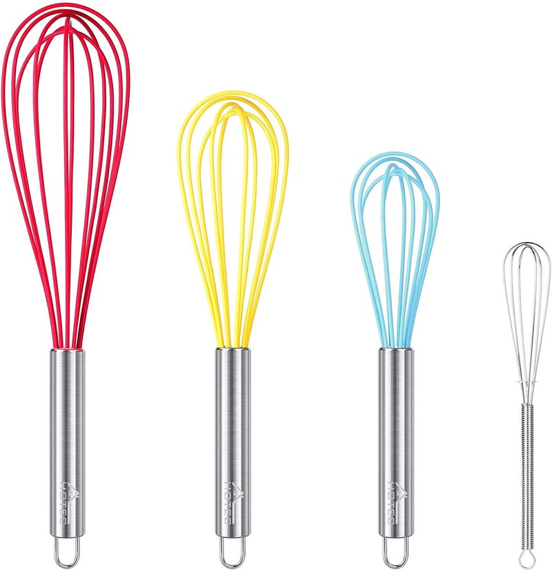 HOTEC 4 Pieces Silicone Whisks Set Wire Balloon Whisks Egg Beater Nonslip Handle Whisk for Nonstick Cookware Perfect for Cooking Stirring Beating and Blending Multicolor