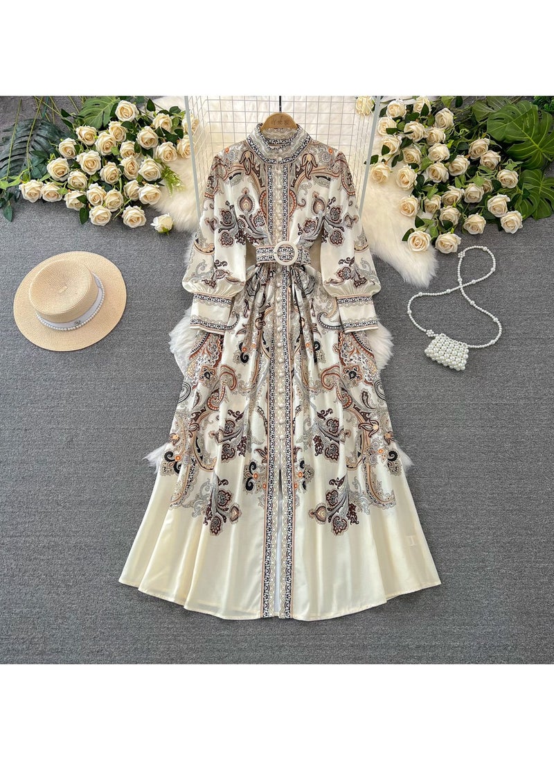 KUYING Vintage Lantern Long Sleeved Stand Up Collar Waist Slimming Dress  - Image 1