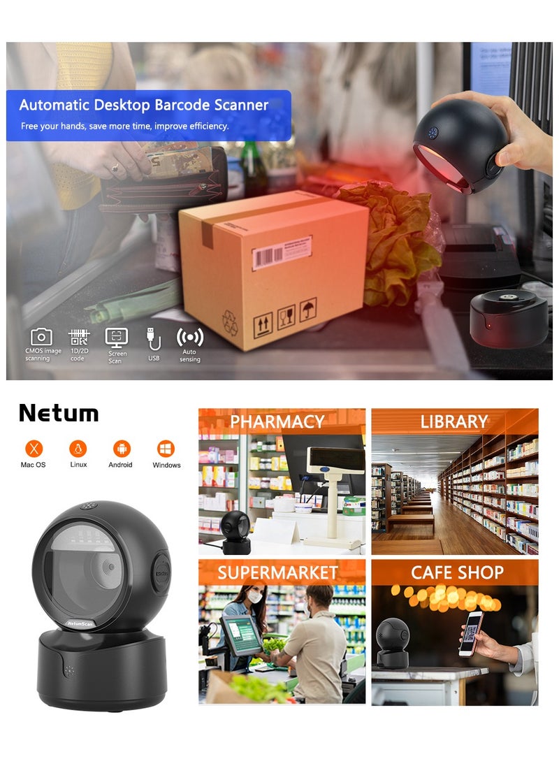 Automatic Omnidirectional Desktop 1D 2D Bar Code Barcode Scanner, Hands-Free USB Wireless QR Barcode Reader, Image Sensing for Warehouse, Supermarket, Retail Store, Bookstore Pos System