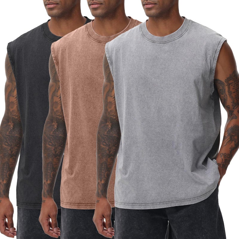 SnowElve 3 Pack Mens Workout Tank Tops Sleeveless Tee Shirts Men Muscle Shirt Gym Acid Wash T Shirts Running Beach Loose Fit Tee(CFGYBK,XL) - Image 1