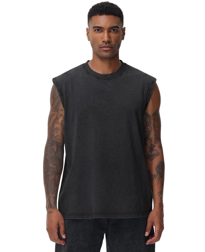 SnowElve 3 Pack Mens Workout Tank Tops Sleeveless Tee Shirts Men Muscle Shirt Gym Acid Wash T Shirts Running Beach Loose Fit Tee(CFGYBK,XL) - Image 2