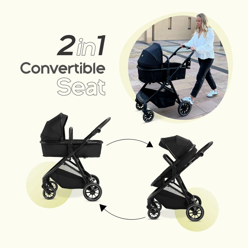 Jikel City Flex 2-in-1 Convertible Stroller, Full Recline for Newborn Comfort, Reversible Seat, Big Wheels with Smooth Suspension, Up to 22kg, Self-Standing Fold, Storage Basket Capacity - Image 3