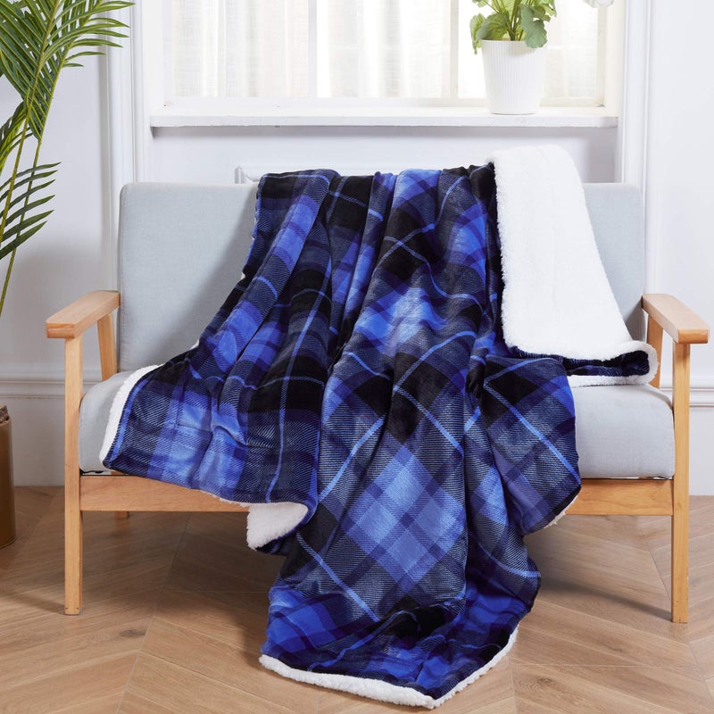 SOCHOW Sherpa Plaid Fleece Throw Blanket, Double-Sided Super Soft Luxurious Bedding Blanket 60 x 80 inches, Blue - Image 3