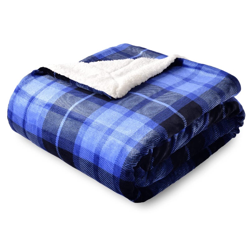 SOCHOW Sherpa Plaid Fleece Throw Blanket, Double-Sided Super Soft Luxurious Bedding Blanket 60 x 80 inches, Blue - Image 1