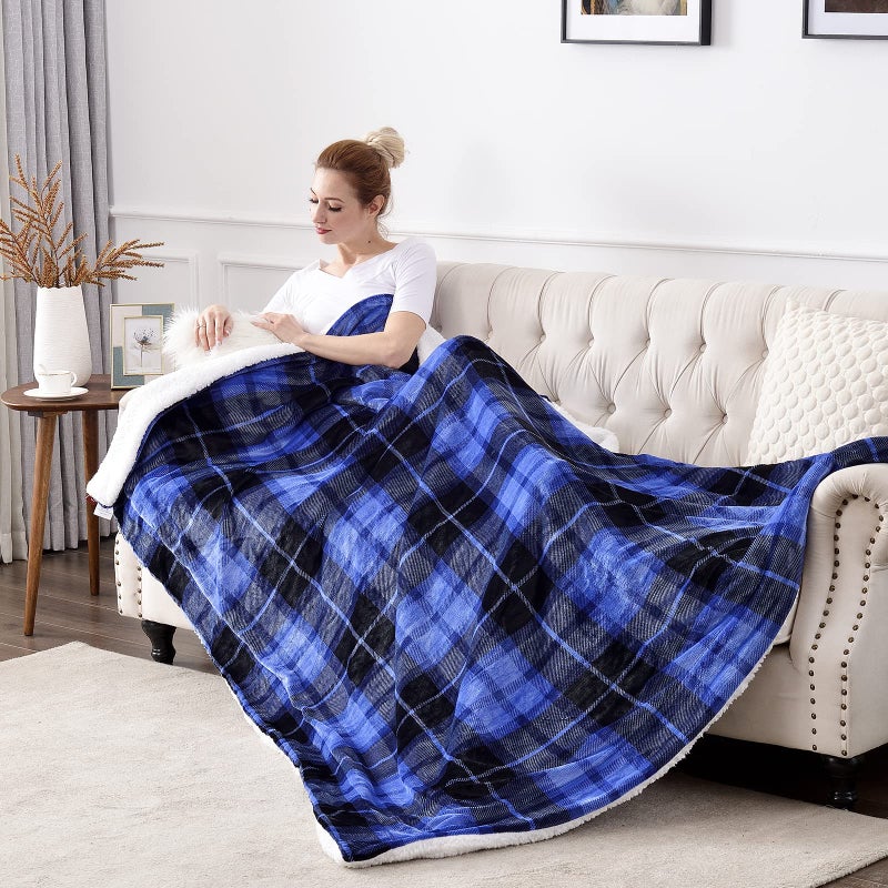 SOCHOW Sherpa Plaid Fleece Throw Blanket, Double-Sided Super Soft Luxurious Bedding Blanket 60 x 80 inches, Blue - Image 2