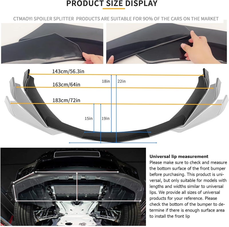 5-Section Universal Front Bumper Lip Spoiler, Carbon Fiber Look ABS Splitter for Sedan Coupe Hatchback, 56-72 Inch Adjustable Body Kit - Image 3