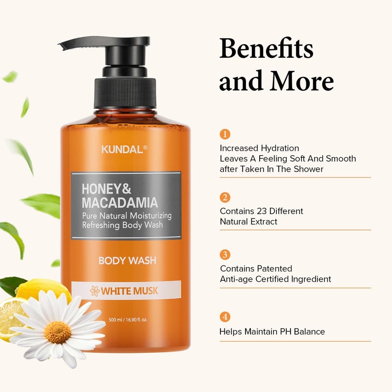 KUNDAL Nature Honey & Macadamia Natural Moisturizing Body Wash Deep Nourishment, Natural Extracts Blend, 10,000 ppm Honey, Safe for All Ages, Soft & Smooth Skin 16.9 fl oz (Pack of 1) (White Musk) - Image 3