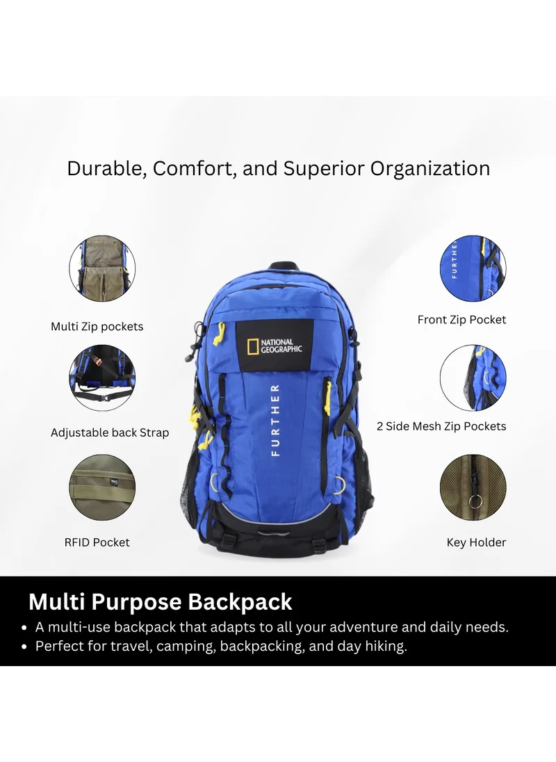 NATIONAL GEOGRAPHIC National Geographic Destination 40L Backpack Royal Blue, Durable Water Resistant Polyester Secure RFID Pocket Lightweight Bag With Raincover, 2 Side Waist Belt Protection For Men Women Trekking Hiking Camping Outdoor Travel