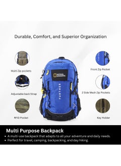 NATIONAL GEOGRAPHIC National Geographic Destination 40L Backpack Royal Blue, Durable Water Resistant Polyester Secure RFID Pocket Lightweight Bag With Raincover, 2 Side Waist Belt Protection For Men Women Trekking Hiking Camping Outdoor Travel  - Image 2