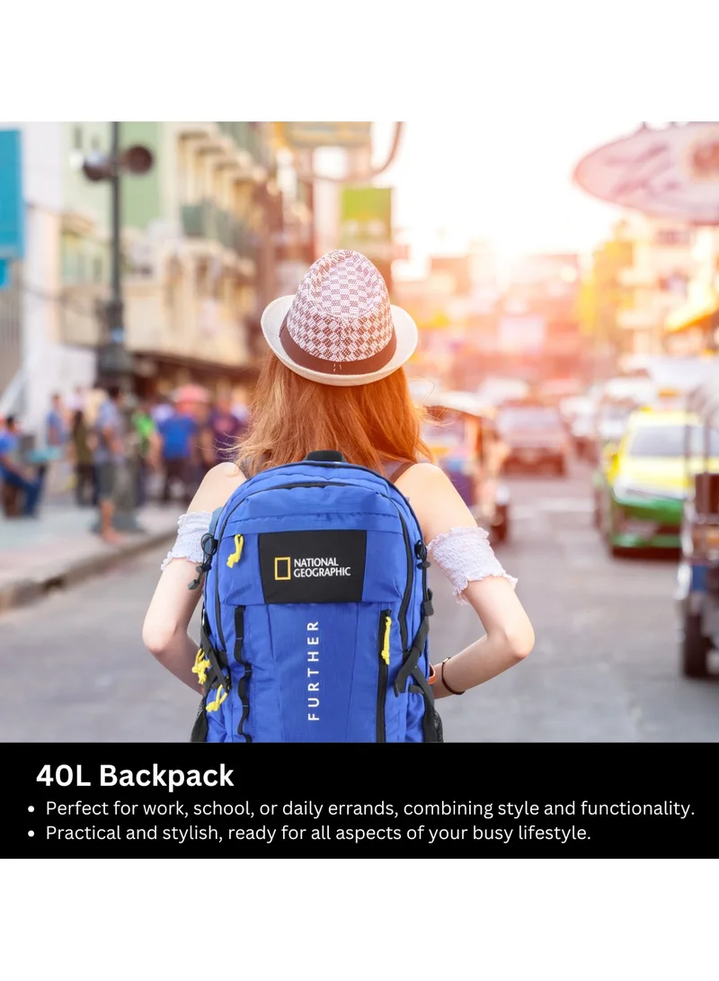 NATIONAL GEOGRAPHIC National Geographic Destination 40L Backpack Royal Blue, Durable Water Resistant Polyester Secure RFID Pocket Lightweight Bag With Raincover, 2 Side Waist Belt Protection For Men Women Trekking Hiking Camping Outdoor Travel