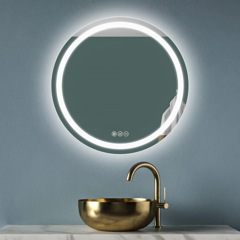 CITYMODA CITYMODA LED Lighted Bathroom Mirror 24inch Round Bathroom Mirror 3 Colors Light Dimmable Wall Mounted with Lights Smart AntiFog with Touch Switch Round Lighted Mirror 