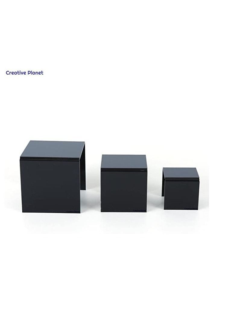 CREATIVE PLANET Black Acrylic Display Riser - Heavy Duty Stand for Figurines, Pastry, Cake, Dessert - Table Decorations - Pack of 2 (Square - 3", 4", 5")