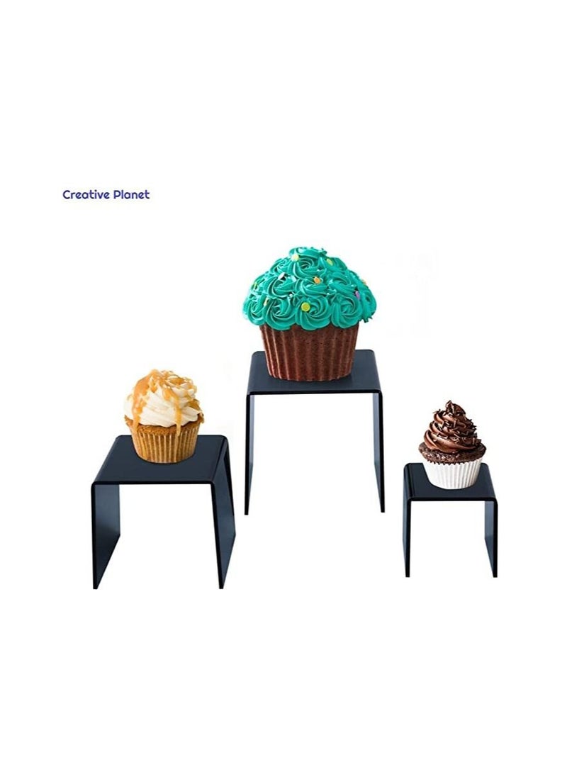 CREATIVE PLANET Black Acrylic Display Riser - Heavy Duty Stand for Figurines, Pastry, Cake, Dessert - Table Decorations - Pack of 2 (Square - 3", 4", 5")