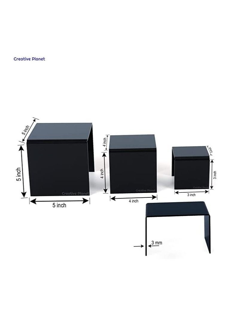 CREATIVE PLANET Black Acrylic Display Riser - Heavy Duty Stand for Figurines, Pastry, Cake, Dessert - Table Decorations - Pack of 2 (Square - 3", 4", 5")
