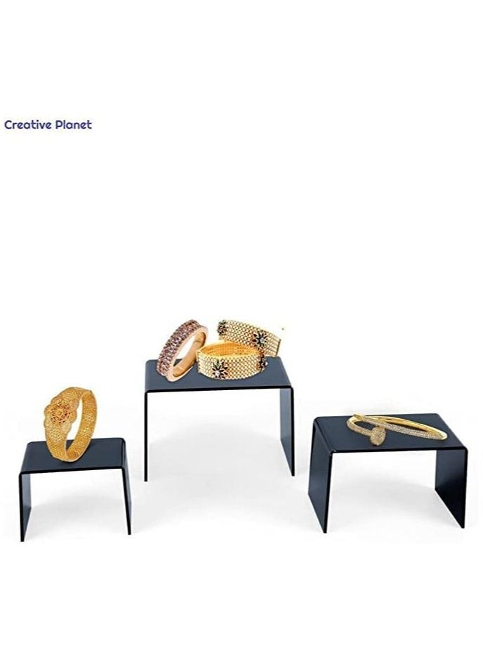 CREATIVE PLANET Black Acrylic Display Riser - Heavy Duty Stand for Figurines, Pastry, Cake, Dessert - Table Decorations - Pack of 2 (Square - 3", 4", 5")