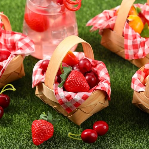 Geelin 12 Pcs Summer Mini Woven Picnic Basket Party Favor Red White Gingham Paper Napkins Wood Chip Mini Flower Fruit Picnic Basket Chip for Summer Wedding Party Baby Shower Decoration Medium - Image 3