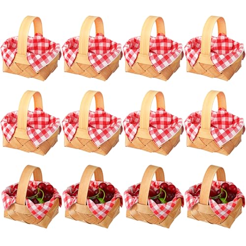Geelin 12 Pcs Summer Mini Woven Picnic Basket Party Favor Red White Gingham Paper Napkins Wood Chip Mini Flower Fruit Picnic Basket Chip for Summer Wedding Party Baby Shower Decoration Medium - Image 1