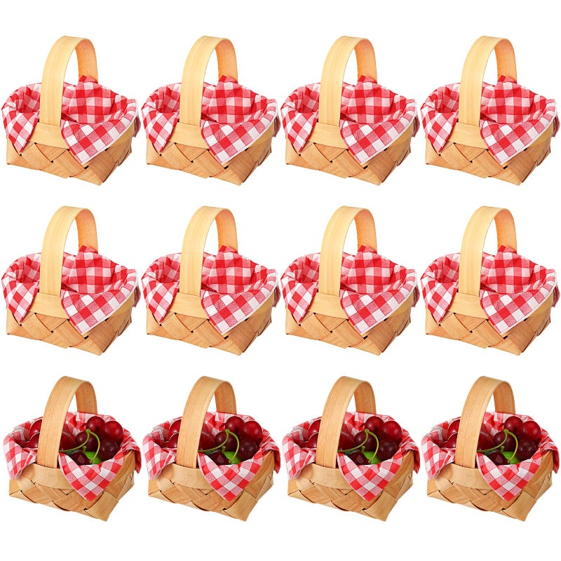 Geelin 12 Pcs Summer Mini Woven Picnic Basket Party Favor Red White Gingham Paper Napkins Wood Chip Mini Flower Fruit Picnic Basket Chip for Summer Wedding Party Baby Shower Decoration Medium - Image 2