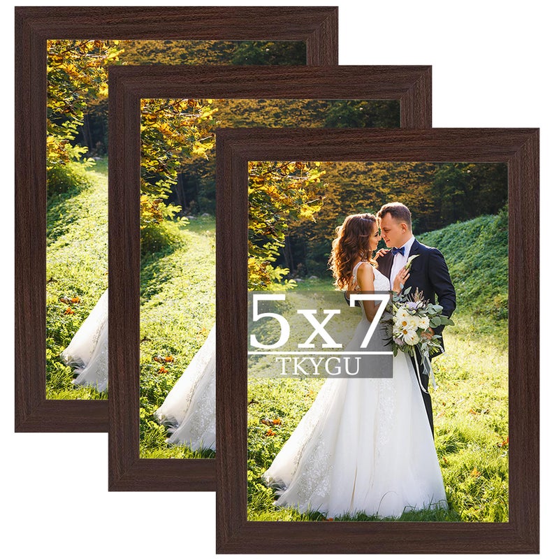 TKYGU 5x7 Picture Frames Brown Woodgrain Made of Real Glass for 5x7 Rustic Natural Wood Frames Set of 3  Poster/Art Frames Wall Tabletop Display Gallery Family Memorial Pic Frame Gift - Image 1