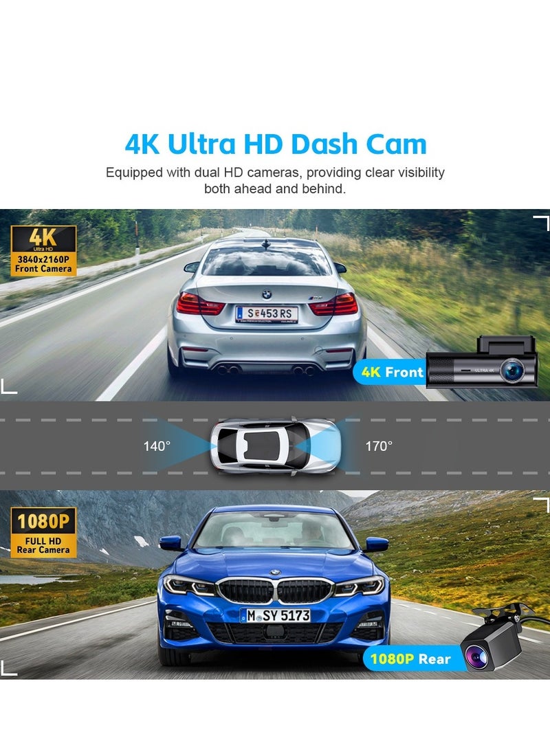 Dash Camera for Cars,4K Full UHD Car Camera Front Rear with 64GB U3 Card,Built-in Super Night Vision,3.0'' IPS Screen,170°Wide Angle,G-Sensor, 24H Parking Mode, Loop Recording - Image 4
