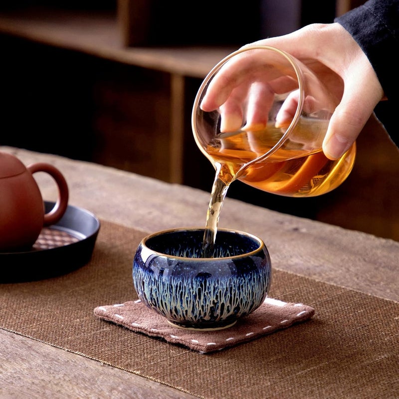CmengAo Tenmokus Tea Cups Jianzhan Ceramic Teacup Traditional Chinese Tea Cups Set of 2 Starry Sky Glaze Porcelain Tea Bowls for Tea and Coffee 44 OZ - Image 4