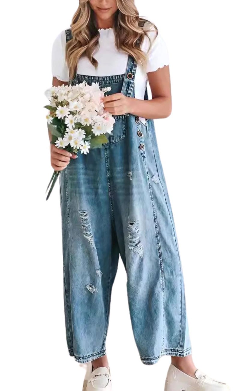 chouyatou Women Loose Adjustable Strap Denim Bib Overall Jeans Distressed Wide Leg Baggy Overalls Jumpsuit (Medium, Blue) - Image 1