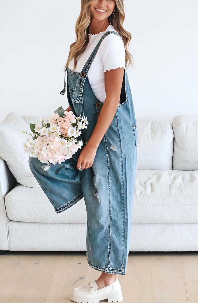chouyatou Women Loose Adjustable Strap Denim Bib Overall Jeans Distressed Wide Leg Baggy Overalls Jumpsuit (Medium, Blue) - Image 2