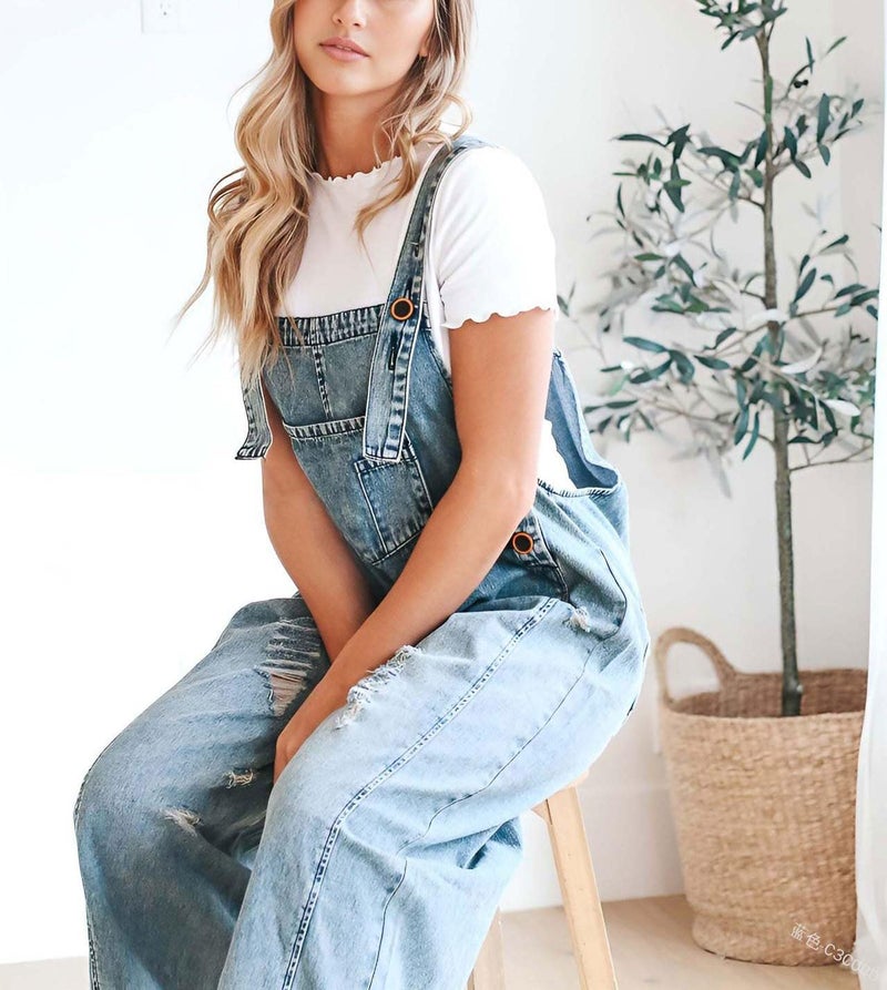 chouyatou Women Loose Adjustable Strap Denim Bib Overall Jeans Distressed Wide Leg Baggy Overalls Jumpsuit (Medium, Blue) - Image 4