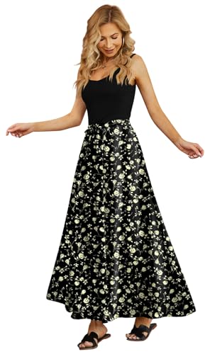 Yincro Women's Flowy Maxi Skirt Summer Pleated High Waisted Casual Long Skirts with Pockets (Rose Beige on Black, XL) - Image 3