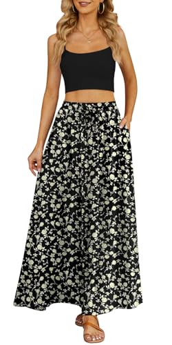 Yincro Women's Flowy Maxi Skirt Summer Pleated High Waisted Casual Long Skirts with Pockets (Rose Beige on Black, XL) - Image 2