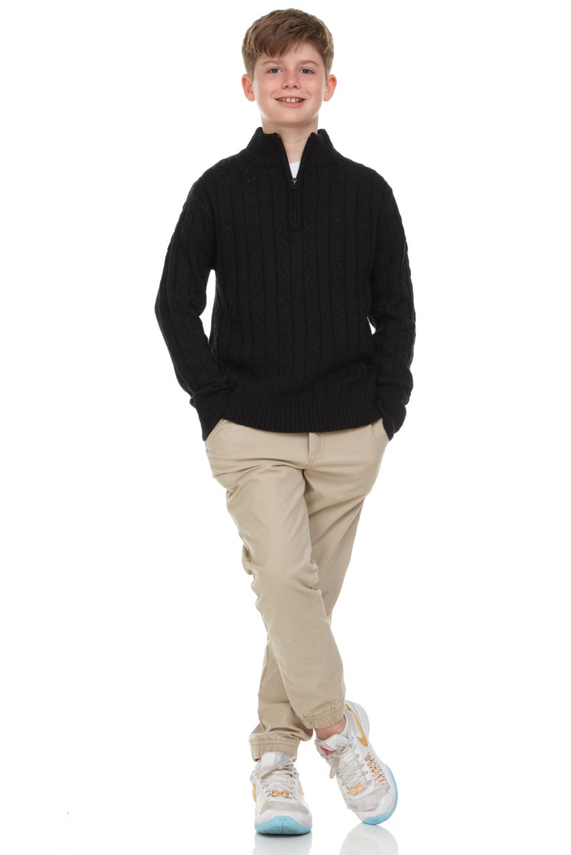Sezzit Boys Quarter Zip Cable Knit Sweater â€“ Classic Warm Pullover for Kids.Perfect for School, Chirtmas, Fall and Winter. Black, Navy, Red - Image 1