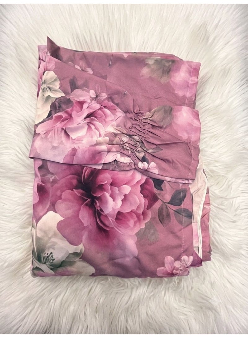 Floral prayer shawl with peony flower patterns and elegant ruffle details - dark pink