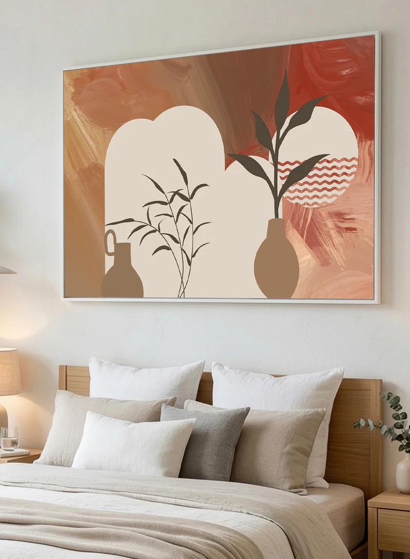 LOWHA Canvas Wall Art Stretched Over Wooden Frame with White Floating Frame and Plant Leaves Abstract Design