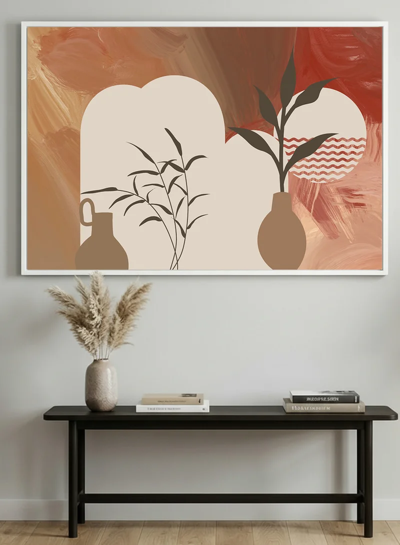 LOWHA Canvas Wall Art Stretched Over Wooden Frame with White Floating Frame and Plant Leaves Abstract Design