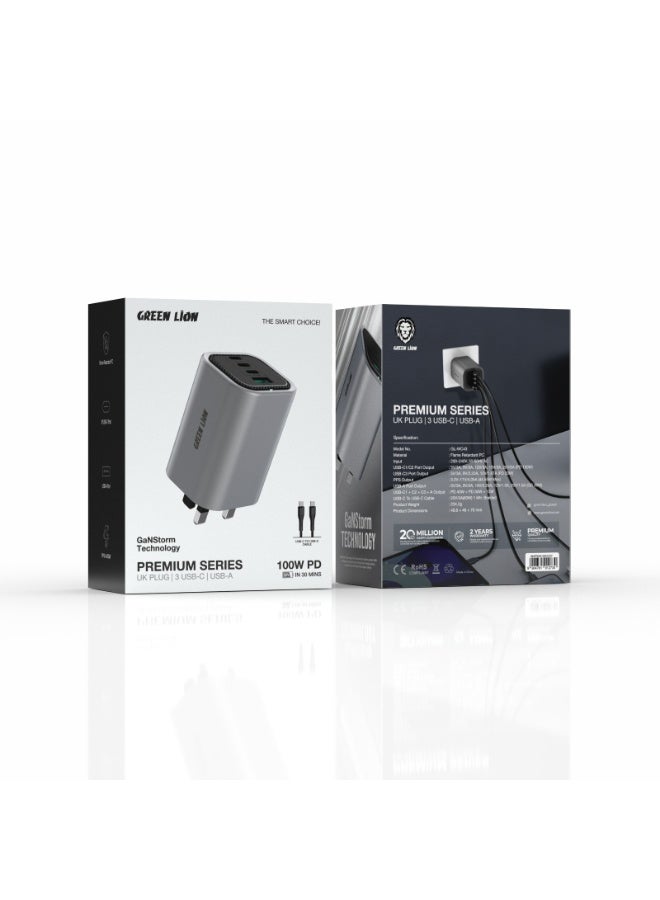 GREEN LION Premium Series UK Plug Wall Charger - 4 Port, PD 100W, C to C Cable / Foldable Plug / GaNStorm Technology - Grey - Image 3