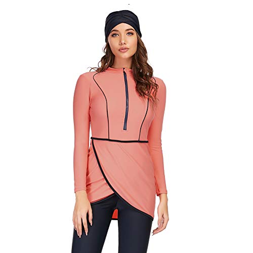 YONGSEN 2024 Women Modest Muslim Swimwear Patchwork Hijab Sport Long Sleeves Swimsuit 3pcs Islamic Burkinis Wear Bathing Suit (Large,Pink) - Image 1