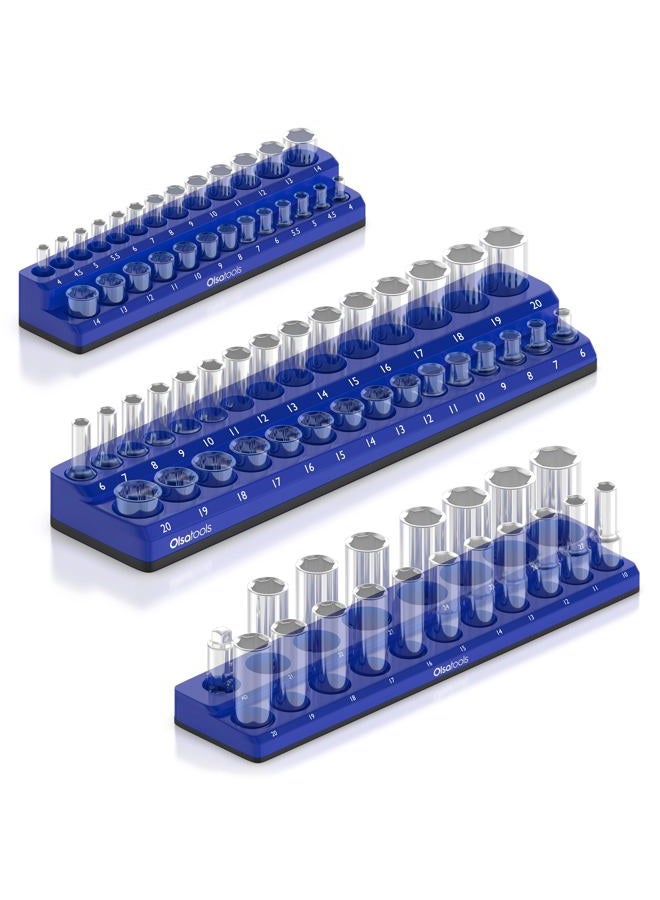 Olsa Tools Magnetic Socket Organizer | 3 Piece Socket Holder Kit | 1/2-inch, 3/8-inch, 1/4-inch Drive | Metric Blue | Holds 75 Sockets | Professional-Grade - Image 1