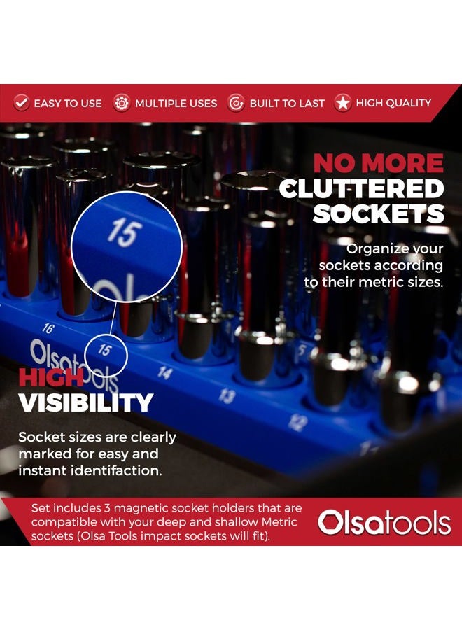 Olsa Tools Magnetic Socket Organizer | 3 Piece Socket Holder Kit | 1/2-inch, 3/8-inch, 1/4-inch Drive | Metric Blue | Holds 75 Sockets | Professional-Grade - Image 2