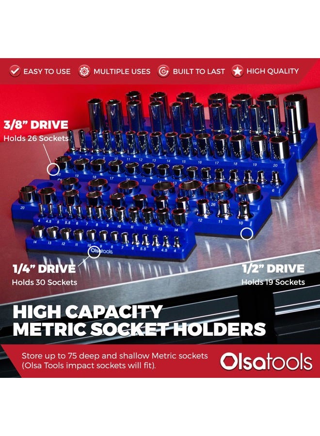 Olsa Tools Magnetic Socket Organizer | 3 Piece Socket Holder Kit | 1/2-inch, 3/8-inch, 1/4-inch Drive | Metric Blue | Holds 75 Sockets | Professional-Grade - Image 3