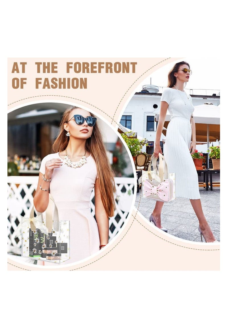 SOLARAE 16 Pcs Clear Plastic Gift Bags with Handle Transparent Gift Bag with 3 Pcs Fishtail Ribbon Reusable PVC Bags for Bridal Party Baby Shower Wedding Birthday Shopping Bag 20cm*10cm *17cm (Beige) - Image 3