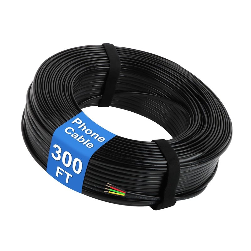 Uvital كابل هاتف أرضي ، سلك تمديد هاتف أسود مسطح بطول 300 قدم، 4x1/0.4mm 26 AWG، سلك خط هاتف نحاسي صلب رباعي النواة، أسلاك هاتف متوافقة مع مقابس RJ11 (100 متر) - Image 1