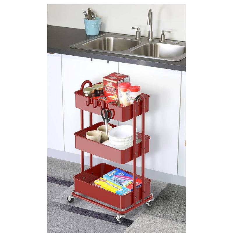 Simple Houseware Heavy Duty 3-Tier Metal Utility Rolling Cart, Red - Image 5