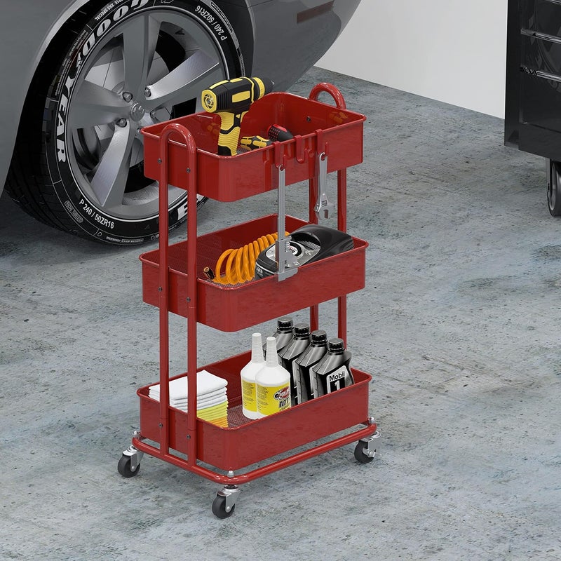 Simple Houseware Heavy Duty 3-Tier Metal Utility Rolling Cart, Red - Image 4