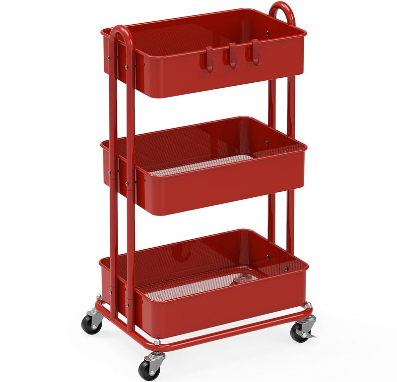 Simple Houseware Heavy Duty 3-Tier Metal Utility Rolling Cart, Red - Image 1