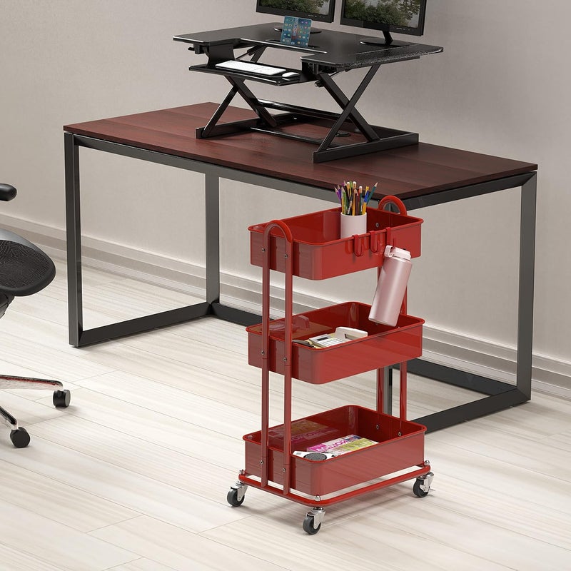 Simple Houseware Heavy Duty 3-Tier Metal Utility Rolling Cart, Red - Image 2