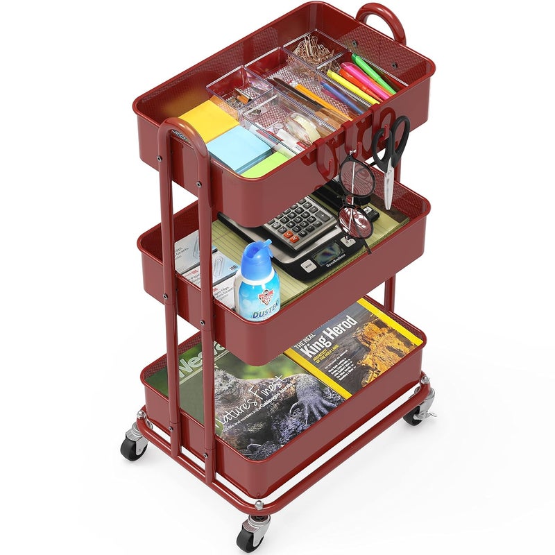 Simple Houseware Heavy Duty 3-Tier Metal Utility Rolling Cart, Red - Image 3
